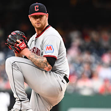 May 6, 2025; Washington, District of Columbia, USA;  Cleveland Guardians starting pitcher Ben Lively (39) delivers a pitch during the first inning against the Washington Nationals at Nationals Park. Mandatory Credit: James A. Pittman-Imagn Images