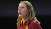 Dec 10, 2024; Los Angeles, California, USA; Southern California Trojans head coach Lindsay Gottlieb reacts in the first half against the Fresno State Bulldogs at Galen Center. USC defeated Fresno State 89-40. Mandatory Credit: Kirby Lee-Imagn Images