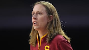 Dec 10, 2024; Los Angeles, California, USA; Southern California Trojans head coach Lindsay Gottlieb reacts in the first half against the Fresno State Bulldogs at Galen Center. USC defeated Fresno State 89-40. Mandatory Credit: Kirby Lee-Imagn Images