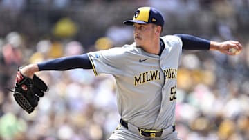 Jun 23, 2024; San Diego, California, USA; Milwaukee Brewers relief pitcher Bryan Hudson (52) pitches against the San Diego Padres during the sixth inning at Petco Park. Mandatory Credit: Orlando Ramirez-USA TODAY Sports
