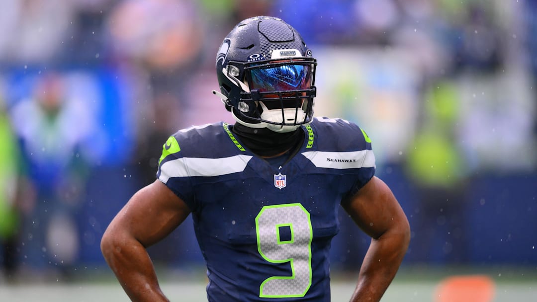 Dec 22, 2024; Seattle, Washington, USA; Seattle Seahawks running back Kenneth Walker III (9) during warmups before the game against the Minnesota Vikings at Lumen Field. Mandatory Credit: Steven Bisig-Imagn Images