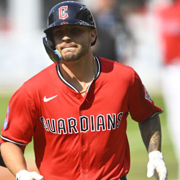 Aug 2, 2025; Cleveland, Ohio, USA; Cleveland Guardians right fielder C.J. Kayfus (63) runs back to the dugout after hitting an RBI groundout in the second inning against the Minnesota Twins at Progressive Field. Mandatory Credit: David Richard-Imagn Images