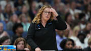 Apr 4, 2025; Tampa, FL, USA;  UCLA Bruins head coach Cori Close reacts during the third quarter in a semifinal of the women's 2025 NCAA tournament against the Connecticut Huskies at Amalie Arena. Mandatory Credit: Kirby Lee-Imagn Images