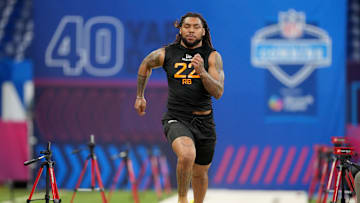 Mar 1, 2025; Indianapolis, IN, USA; Miami running back Damien Martinez (RB22) during the 2025 NFL Combine at Lucas Oil Stadium. Mandatory Credit: Kirby Lee-Imagn Images