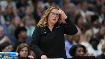 Apr 4, 2025; Tampa, FL, USA;  UCLA Bruins head coach Cori Close reacts during the third quarter in a semifinal of the women's 2025 NCAA tournament against the Connecticut Huskies at Amalie Arena. Mandatory Credit: Kirby Lee-Imagn Images