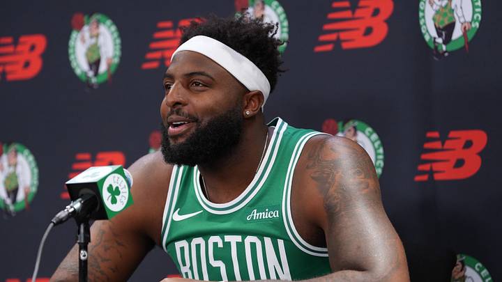 Sep 28, 2026; Boston, MA, USA; Boston Celtics center Mitchell Robinson (4) talks to reporters during media day at Auerbach Center. Mandatory Credit: David Butler II-Imagn Images