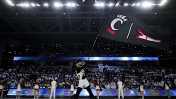 Jan 11, 2025; Cincinnati, Ohio, USA;  Cincinnati mascot The Bearcat performs before the game between the Kansas Jayhawks and the Cincinnati Bearcats at Fifth Third Arena. Mandatory Credit: Aaron Doster-Imagn Images