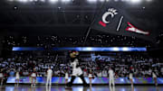 Jan 11, 2025; Cincinnati, Ohio, USA;  Cincinnati mascot The Bearcat performs before the game between the Kansas Jayhawks and the Cincinnati Bearcats at Fifth Third Arena. Mandatory Credit: Aaron Doster-Imagn Images