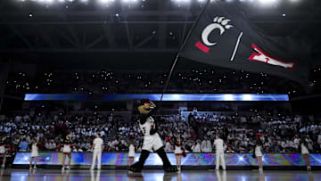 Jan 11, 2025; Cincinnati, Ohio, USA;  Cincinnati mascot The Bearcat performs before the game between the Kansas Jayhawks and the Cincinnati Bearcats at Fifth Third Arena. Mandatory Credit: Aaron Doster-Imagn Images