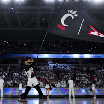 Jan 11, 2025; Cincinnati, Ohio, USA;  Cincinnati mascot The Bearcat performs before the game between the Kansas Jayhawks and the Cincinnati Bearcats at Fifth Third Arena. Mandatory Credit: Aaron Doster-Imagn Images