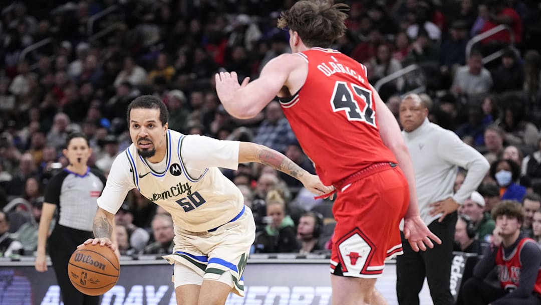 Feb 3, 2026; Milwaukee, Wisconsin, USA; Milwaukee Bucks guard Cole Anthony (50) drives against Chicago Bulls center Lachlan Olbrich (47) in the second half at Fiserv Forum. Mandatory Credit: Michael McLoone-Imagn Images