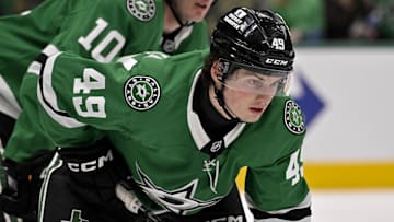 Jan 19, 2025; Dallas, Texas, USA; Dallas Stars center Justin Hryckowian (49) waits for the face-off against the Detroit Red Wings during the third period at the American Airlines Center. Mandatory Credit: Jerome Miron-Imagn Images