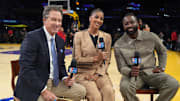 Oct 24, 2025; Los Angeles, California, USA; NBA on Prime play-by-play announcer Kevin Harlan (left) and analysts Candace Parker (center) and Dwayne Wade during the game between the Minnesota Timberwolves and the Los Angeles Lakers at Crypto.com Arena. Mandatory Credit: Kirby Lee-Imagn Images
