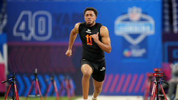 Mar 1, 2025; Indianapolis, IN, USA; Florida wideout Chimere Dike (WO11) during the 2025 NFL Combine at Lucas Oil Stadium. Mandatory Credit: Kirby Lee-Imagn Images
