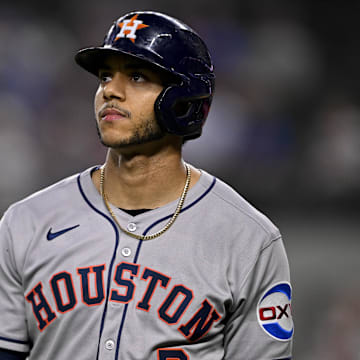 May 16, 2025; Arlington, Texas, USA; Houston Astros shortstop Jeremy Pena (3) walks off the field after striking out against the Texas Rangers during the first inning at Globe Life Field. 
