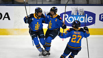 Nov 30, 2024; Toronto, ON, CANADA;  Toronto Sceptres forward Sarah Nurse (20) celebrates with defender Renata Fast (14) and forward Emma Maltais (27) after scoring a goal against the Boston Fleet in the first period at Coca-Cola Coliseum.