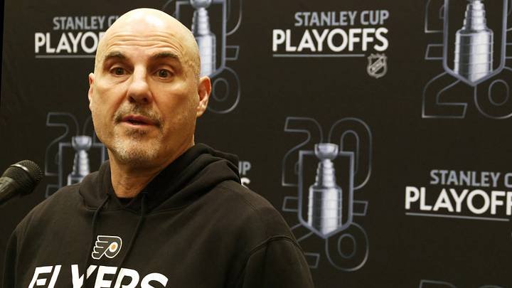 Apr 27, 2026; Pittsburgh, Pennsylvania, USA; Philadelphia Flyers head coach Rick Tocchet addresses the media before the game against the Pittsburgh Penguins in game five of the first round of the 2026 Stanley Cup Playoffs at PPG Paints Arena.