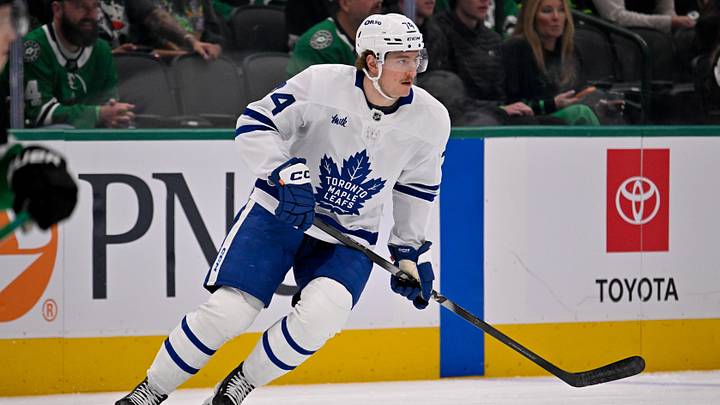 Dec 21, 2025; Dallas, Texas, USA; Toronto Maple Leafs center Bobby McMann (74) skates against the Dallas Stars during the game at the American Airlines Center. Mandatory Credit: Jerome Miron-Imagn Images