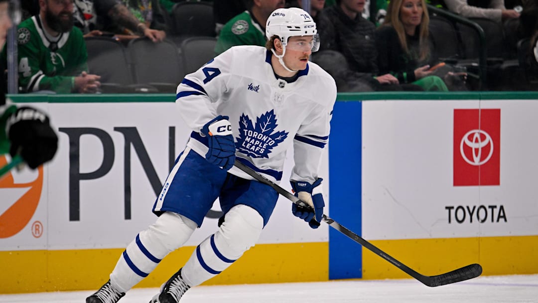 Dec 21, 2025; Dallas, Texas, USA; Toronto Maple Leafs center Bobby McMann (74) skates against the Dallas Stars during the game at the American Airlines Center. Mandatory Credit: Jerome Miron-Imagn Images