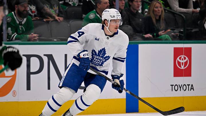 Dec 21, 2025; Dallas, Texas, USA; Toronto Maple Leafs center Bobby McMann (74) skates against the Dallas Stars during the game at the American Airlines Center. Mandatory Credit: Jerome Miron-Imagn Images