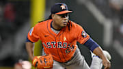 Sep 7, 2025; Arlington, Texas, USA; Houston Astros starting pitcher Framber Valdez (59) pitches against the Texas Rangers during the first inning at Globe Life Field. Mandatory Credit: Jerome Miron-Imagn Images