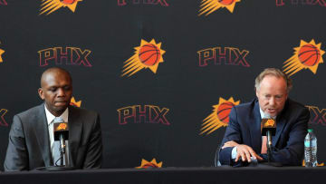 May 17, 2024; Phoenix, AZ, USA; Mike Budenholzer speaks alongside General Manager James Jones during a press conference to announce his job as head coach of the Phoenix Suns. Mandatory Credit: Joe Camporeale-USA TODAY Sports