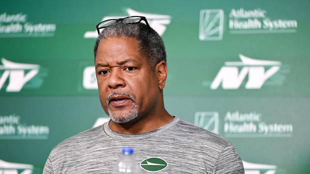 New York Jets defensive coordinator Steve Wilks speaks at a press conference during minicamp at Atlantic Health Jets Training