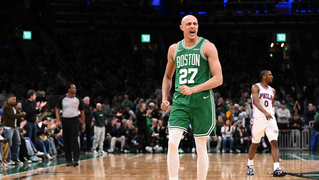 Apr 21, 2026; Boston, Massachusetts, USA; Boston Celtics guard Jordan Walsh (27) reacts after scoring a basket against the Philadelphia 76ers in the second half of a game two of the first round of the 2026 NBA Playoffs at TD Garden. Mandatory Credit: Brian Fluharty-Imagn Images