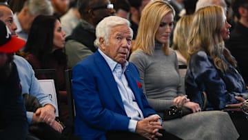 Jan 13, 2025; Foxborough, MA, USA; New England Patriots owner Robert Kraft listens as Mike Vrabel (not in photo) addresses media at a press conference to announce his hiring as the New England Patriots head coach at Gillette Stadium. Mandatory Credit: Eric Canha-Imagn Images