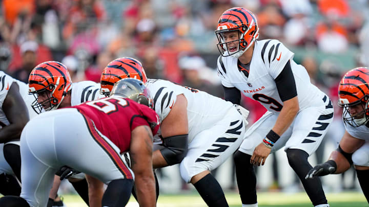 Cincinnati Bengals quarterback Joe Burrow (9) calls out in the first quarter of the NFL Preseason Week 1 game between the Cincinnati Bengals and the Tampa Bay Buccaneers at Paycor Stadium in downtown Cincinnati on Saturday, Aug. 10, 2024.