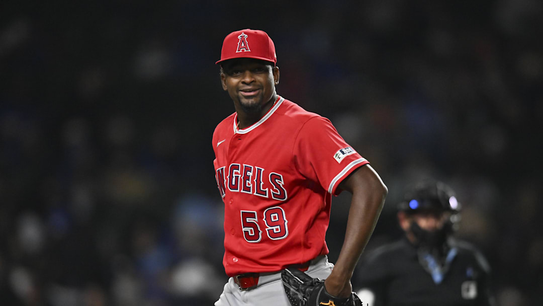 Mar 31, 2026; Chicago, Illinois, USA; Los Angeles Angels pitcher Jose Soriano (59) smiles after ending the the fifth inning against the Chicago Cubs at Wrigley Field. Mandatory Credit: Patrick Gorski-Imagn Images