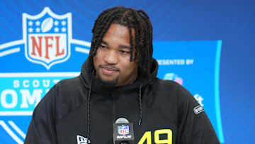 Feb 27, 2025; Indianapolis, IN, USA; Marshall defensive lineman Mike Green (DL49) during the 2025 NFL Scouting Combine at the Indiana Convention Center. Mandatory Credit: Kirby Lee-Imagn Images