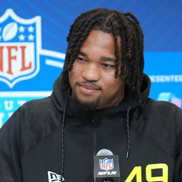 Feb 27, 2025; Indianapolis, IN, USA; Marshall defensive lineman Mike Green (DL49) during the 2025 NFL Scouting Combine at the Indiana Convention Center. Mandatory Credit: Kirby Lee-Imagn Images