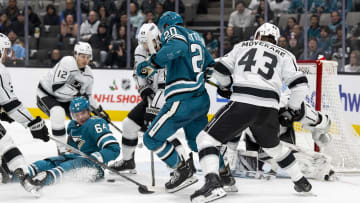 Dec 19, 2023; San Jose, California, USA; San Jose Sharks left wing Fabian Zetterlund (20) and Los