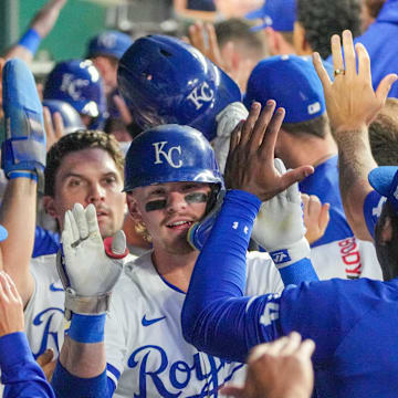 Kansas City Royals shortstop Bobby Witt Jr. (7) celebrates in the dugout after hitting a grand slam against the Detroit Tigers in the third inning at Kauffman Stadium on Sept 16.