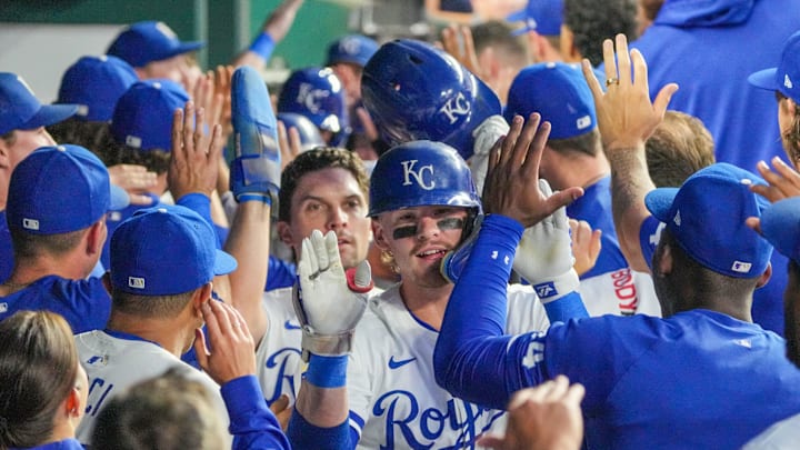 Kansas City Royals shortstop Bobby Witt Jr. (7) celebrates in the dugout after hitting a grand slam against the Detroit Tigers in the third inning at Kauffman Stadium on Sept 16.