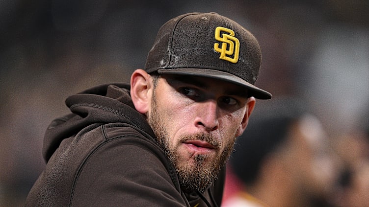 Apr 13, 2023; San Diego, California, USA; San Diego Padres pitcher Joe Musgrove (44) looks on from