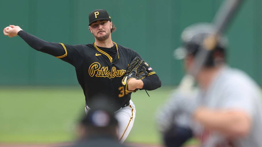 Pirates pitcher Paul Skenes (left) delivers a pitch to Tigers designated hitter Colt Keith.