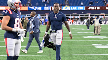 New England Patriots quarterback Joe Milton III leaves the field after game against the Los Angeles Rams.