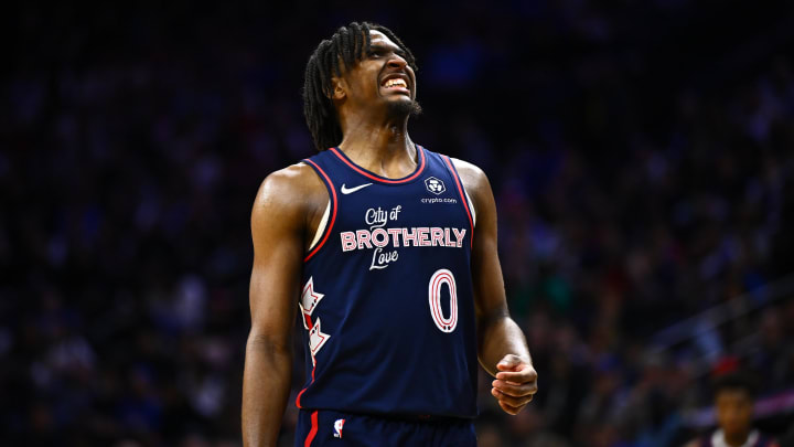 Mar 16, 2024; Philadelphia, Pennsylvania, USA; Philadelphia 76ers guard Tyrese Maxey (0) reacts against the Charlotte Hornets in the second quarter at Wells Fargo Center. Mandatory Credit: Kyle Ross-USA TODAY Sports