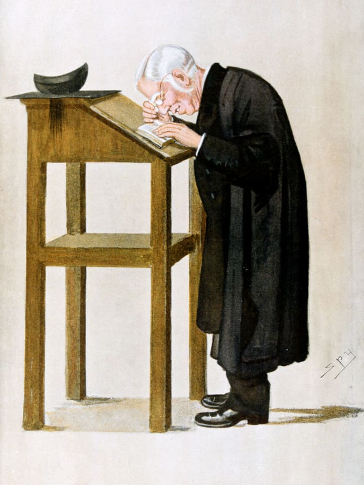 illustration of William Archibald Spooner hunched over a book at a tall desk