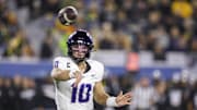 Oct 25, 2025; Morgantown, West Virginia, USA; Texas Christian University Horned Frogs quarterback Josh Hoover (10) throws a pass during the third quarter against the West Virginia Mountaineers at Milan Puskar Stadium. Mandatory Credit: Ben Queen-Imagn Images