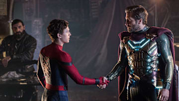 (l to r) Numan Acar, Tom Holland and Jacky Gyllenhaal in Columbia Pictures' SPIDER-MAN: ™ FAR FROM HOME