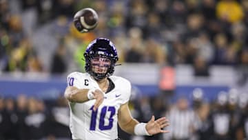 Oct 25, 2025; Morgantown, West Virginia, USA; Texas Christian University Horned Frogs quarterback Josh Hoover (10) throws a pass during the third quarter against the West Virginia Mountaineers at Milan Puskar Stadium. Mandatory Credit: Ben Queen-Imagn Images