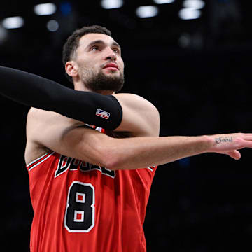 Chicago Bulls guard Zach LaVine (8) during the first quarter against the Brooklyn Nets at Barclays Center.