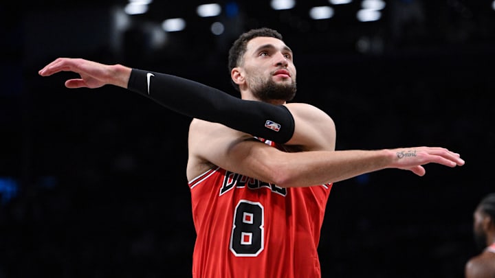 Chicago Bulls guard Zach LaVine (8) during the first quarter against the Brooklyn Nets at Barclays Center.