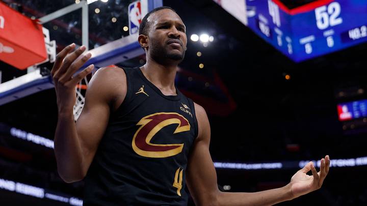 May 7, 2026; Detroit, Michigan, USA; Cleveland Cavaliers center Evan Mobley (4) reacts in the first half against the Detroit Pistons during game two of the second round of the 2026 NBA Playoffs at Little Caesars Arena. Mandatory Credit: Rick Osentoski-Imagn Images