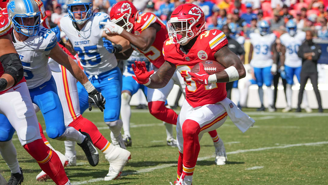 Aug 17, 2024; Kansas City, Missouri, USA; Kansas City Chiefs running back Deneric Prince (34) runs the ball against the Detroit Lions during the game at GEHA Field at Arrowhead Stadium.