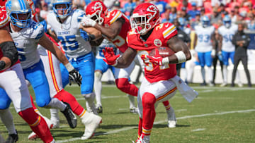 Aug 17, 2024; Kansas City, Missouri, USA; Kansas City Chiefs running back Deneric Prince (34) runs the ball against the Detroit Lions during the game at GEHA Field at Arrowhead Stadium.