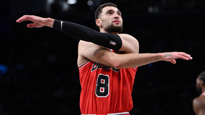 Bulls guard Zach LaVine looks on during the first quarter of a game against the Brooklyn Nets at Barclays Center in November.